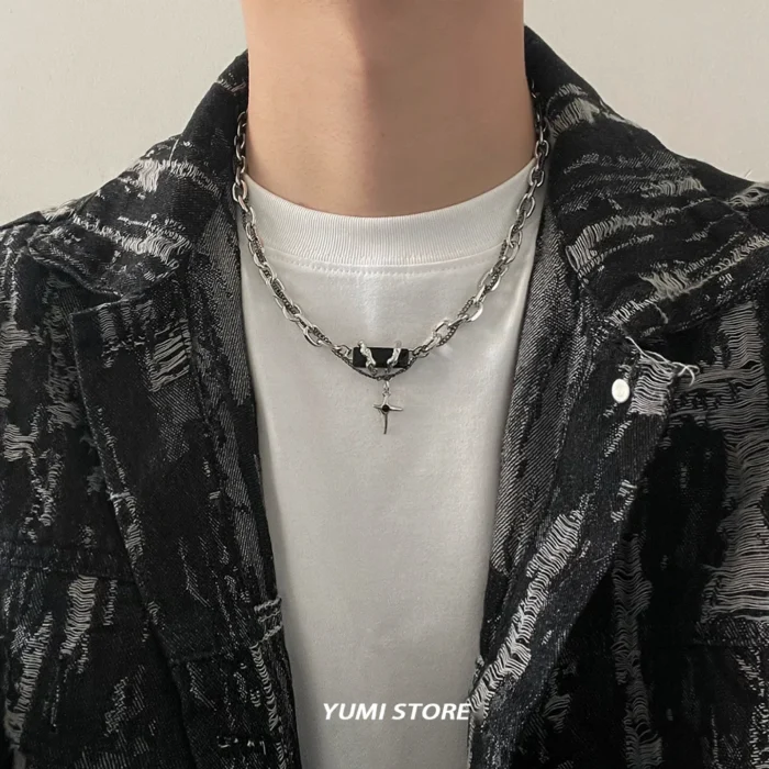 Titanium Steel Cross Star Necklace For Men Women Hip Hop Splice Black Zircon Pendant Sweater Chain Jewelry New Kpop Accessories - Image 3