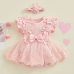 VISgogo Newborn Baby Girl Romper Dress 2 Pcs Outfits Mesh Lace Patchwork Ruffle Bodysuit and Headband Cute Summer Clothes - Image 3