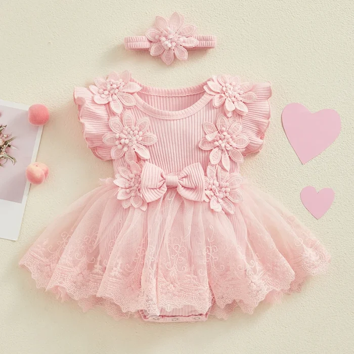 VISgogo Newborn Baby Girl Romper Dress 2 Pcs Outfits Mesh Lace Patchwork Ruffle Bodysuit and Headband Cute Summer Clothes - Image 3