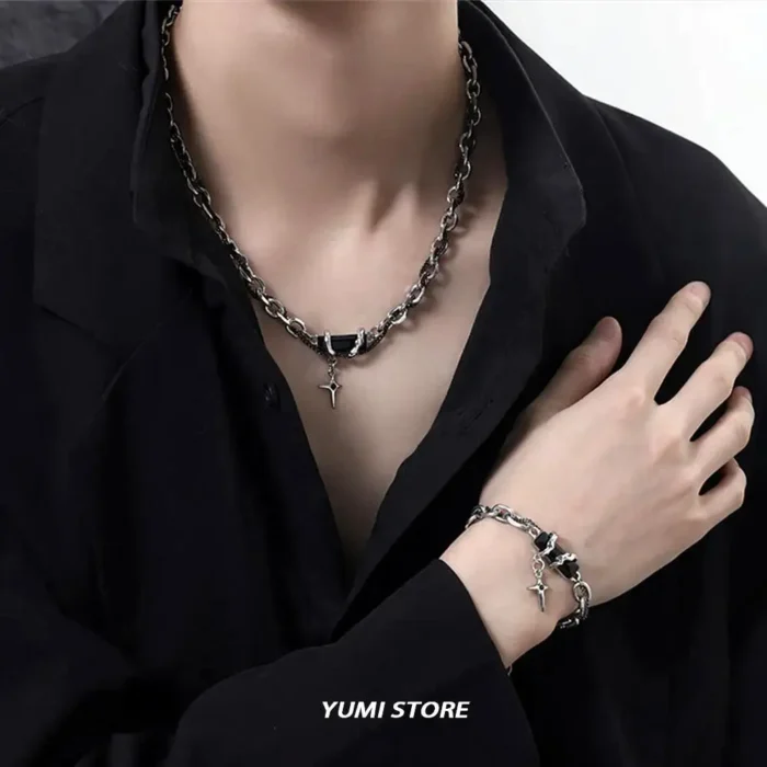 Titanium Steel Cross Star Necklace For Men Women Hip Hop Splice Black Zircon Pendant Sweater Chain Jewelry New Kpop Accessories - Image 2