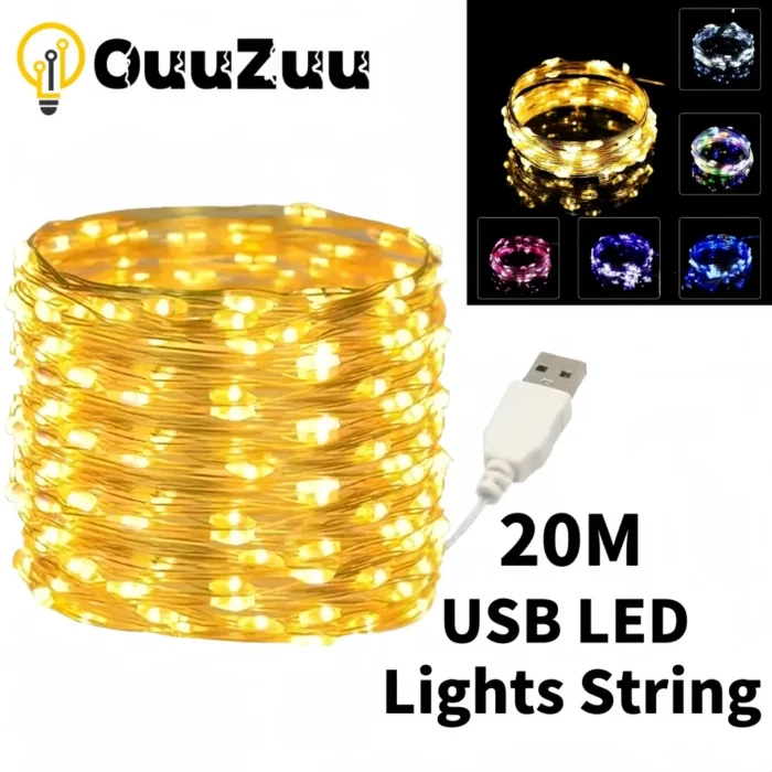 20M Waterproof USB LED Lights String Copper Silver Wire Garland Light Fairy Lights For Christmas Wedding Party Decoration Wreath - Image 1