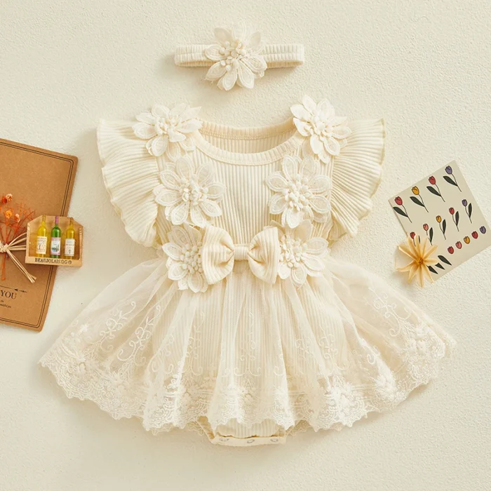 VISgogo Newborn Baby Girl Romper Dress 2 Pcs Outfits Mesh Lace Patchwork Ruffle Bodysuit and Headband Cute Summer Clothes - Image 1