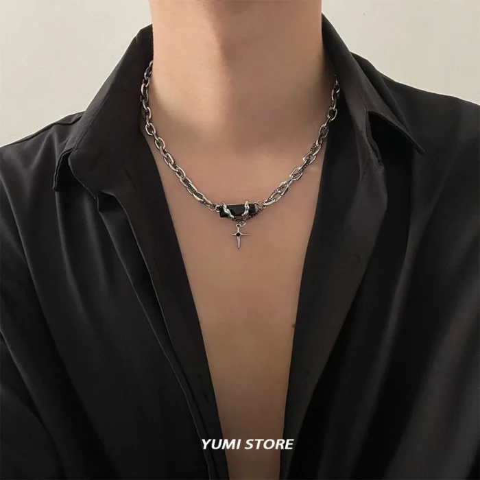 Titanium Steel Cross Star Necklace For Men Women Hip Hop Splice Black Zircon Pendant Sweater Chain Jewelry New Kpop Accessories - Image 4