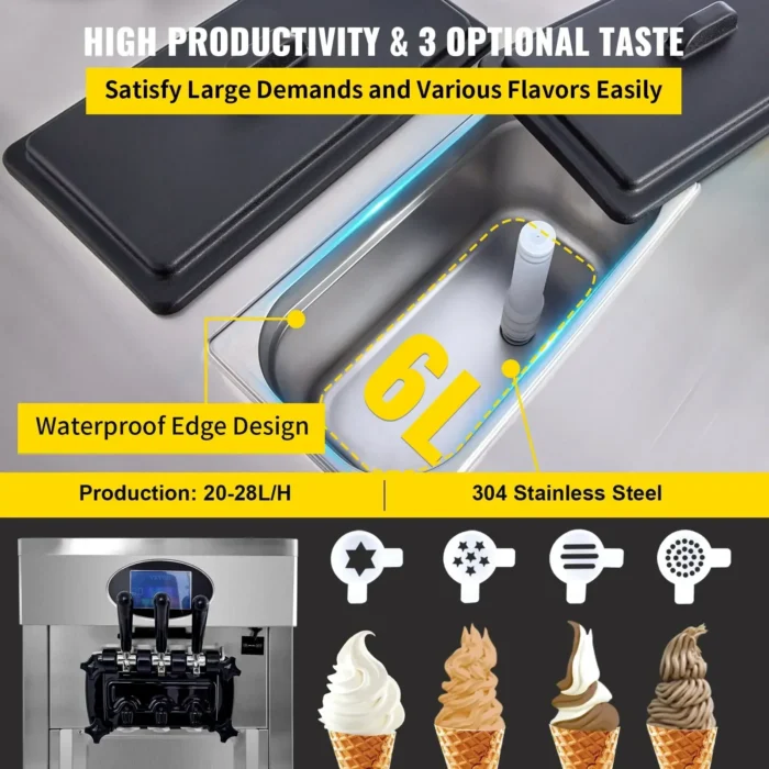 VEVOR large capacity soft ice cream machine 20-28L/H 2200W power dual 6-liter hopper with pre cooled LCD panel and egg tray - Image 3