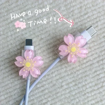 2pcs Cartoon Cable Protector Cute Flowers USB Charger Protector Cable Organizer Kawaii Data Line Cord Cable Winder For iPhone