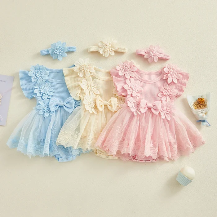 VISgogo Newborn Baby Girl Romper Dress 2 Pcs Outfits Mesh Lace Patchwork Ruffle Bodysuit and Headband Cute Summer Clothes - Image 2