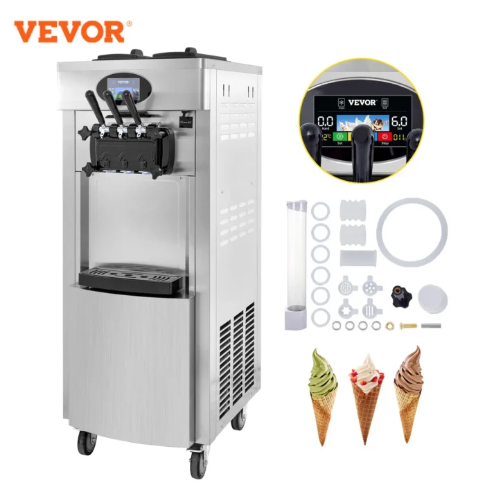 VEVOR large capacity soft ice cream machine 20-28L/H 2200W power dual 6-liter hopper with pre cooled LCD panel and egg tray - Image 1