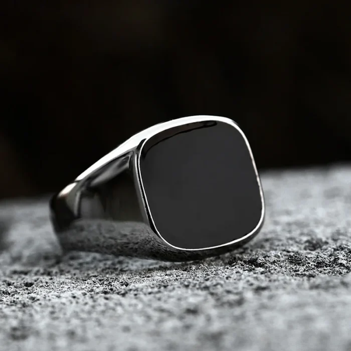 Retro Flat Square Black Glass Onyx Ring For Men Classic Metal Designer Ring Handmade Jewelry Rock Hiphop Accessories Unisex Gift - Image 1