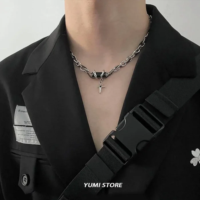 Titanium Steel Cross Star Necklace For Men Women Hip Hop Splice Black Zircon Pendant Sweater Chain Jewelry New Kpop Accessories - Image 5