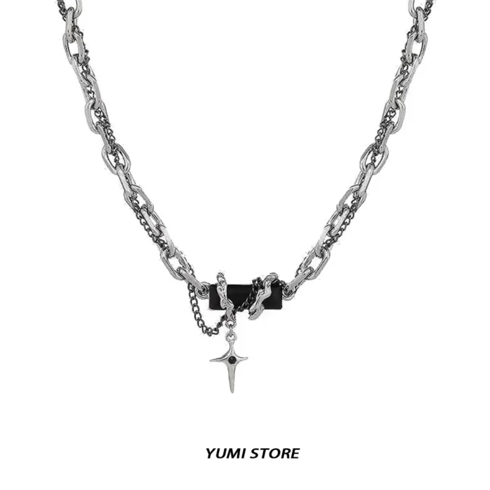 Titanium Steel Cross Star Necklace For Men Women Hip Hop Splice Black Zircon Pendant Sweater Chain Jewelry New Kpop Accessories - Image 1