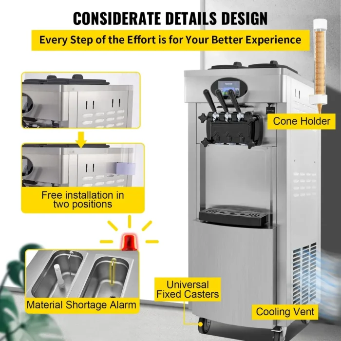 VEVOR large capacity soft ice cream machine 20-28L/H 2200W power dual 6-liter hopper with pre cooled LCD panel and egg tray - Image 5