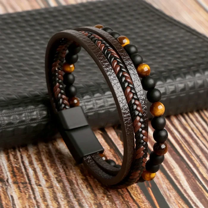 Hot Fashion Beads Leather Bracelet Men Classic Tiger Eye Beaded Multi Layer Leather Bracelet For Men Jewelry 2023 Gift - Image 1