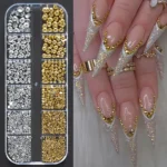 12Grid/box Gold Silver Half Round Caviar Bead Nail Charms 1/2/3/5mm Flatback Round Steel Nail Bead Micro Ball Manicure Bead