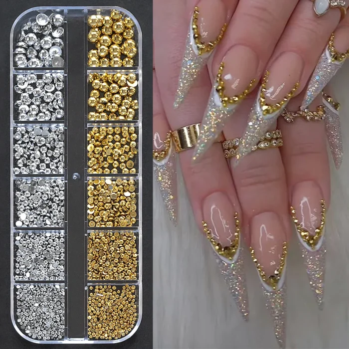 12Grid/box Gold Silver Half Round Caviar Bead Nail Charms 1/2/3/5mm Flatback Round Steel Nail Bead Micro Ball Manicure Bead - Image 1