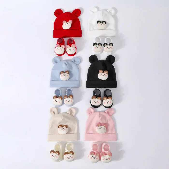 Cute Baby Hat+Socks Set Knit Cotton Newborn Beanies Cartoon Ear Infant Turban Girl Boy Hat Toddler Headwrap Children Accessories - Image 2