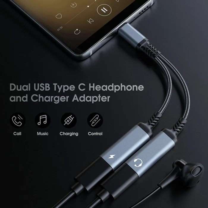 60W PD Fast Charger Cable 2 in 1 USB C Splitter Type USB C Headphones Jack Audio Adapter For Samsung S23 S22 S21 Ultra iPhone15 - Image 3