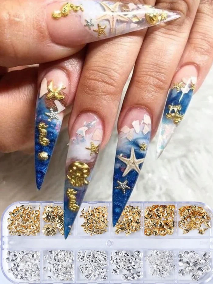 12 Grids/Box Summer Sea-Themed Nail Art Studs 3D Gold/Silver Ocean Shell,Starfish,Conch Nail Charms DIY Mixed Metal Nail Parts## - Image 4