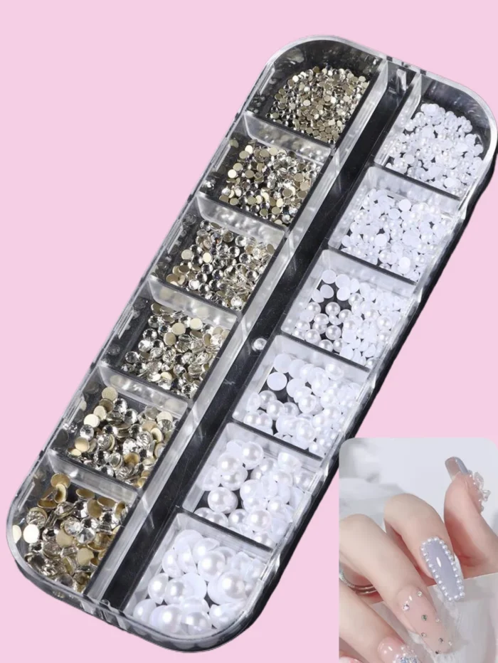 12grids/box Half Round White Pearls Bead 3D Nail Charms Mixed White Flatback Pearl SS4-SS16 Round Nail Jewelry DIY Nail Gems Kit - Image 2