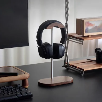 Black Walnut Wood & Aluminum Headphone Stand Nature Walnut Gaming Headset Holder with Solid Wood Base for Table Desk Display