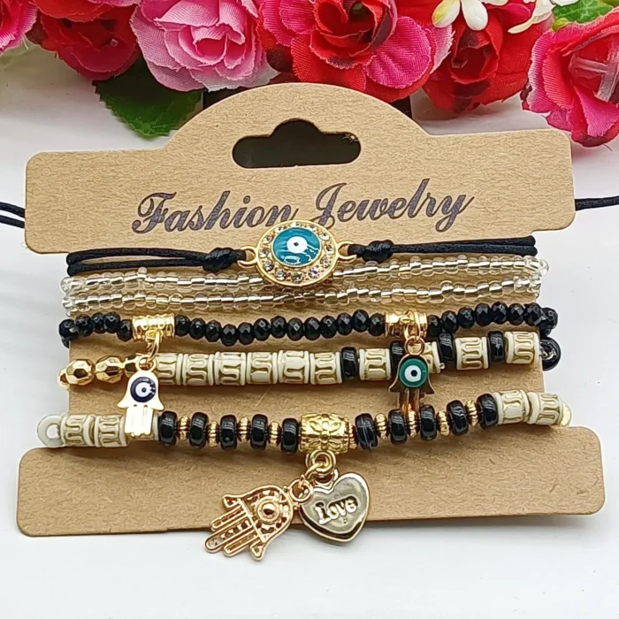 6Pcs Fatima Hand Evil Eye Bracelet Set For Women Heart Charm Beads Rope Chain Bangle Female Bohemian Handmade Jewelry - Image 1