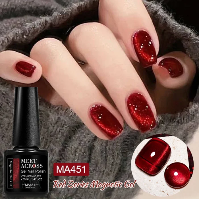7ml Red Series Cat Magnetic Gel Nail Polish Sparkle Glitter Semi Permanent Nail Art UV Gel Varnish Manicure For Valentines Nails - Image 2