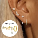 4PCS Stainless Steel Circle Huggie Hoop Earrings Set for Women Gold Color Unique Zircon Flower Stud Earring Piercing Jewelry