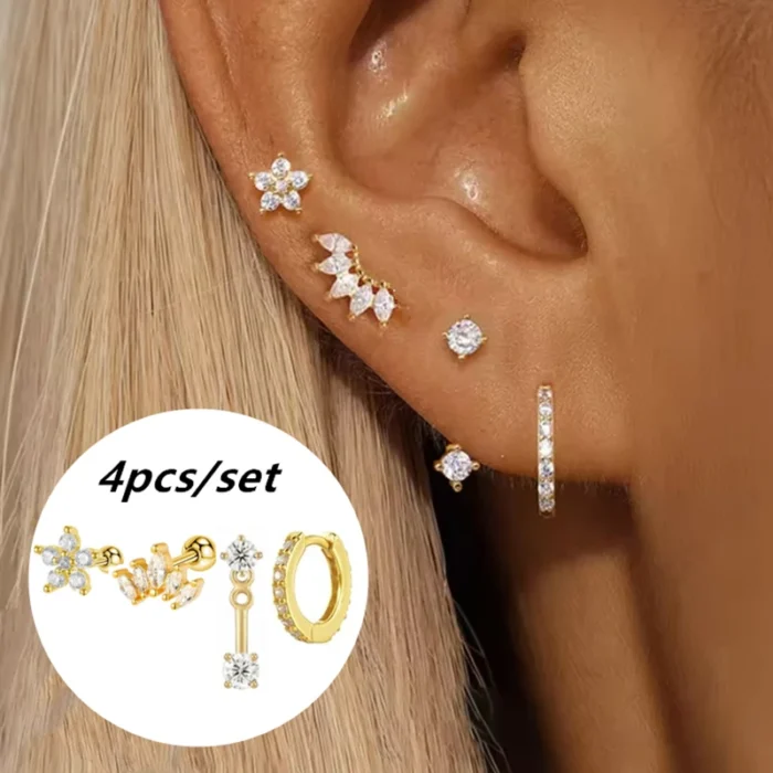 4PCS Stainless Steel Circle Huggie Hoop Earrings Set for Women Gold Color Unique Zircon Flower Stud Earring Piercing Jewelry - Image 1