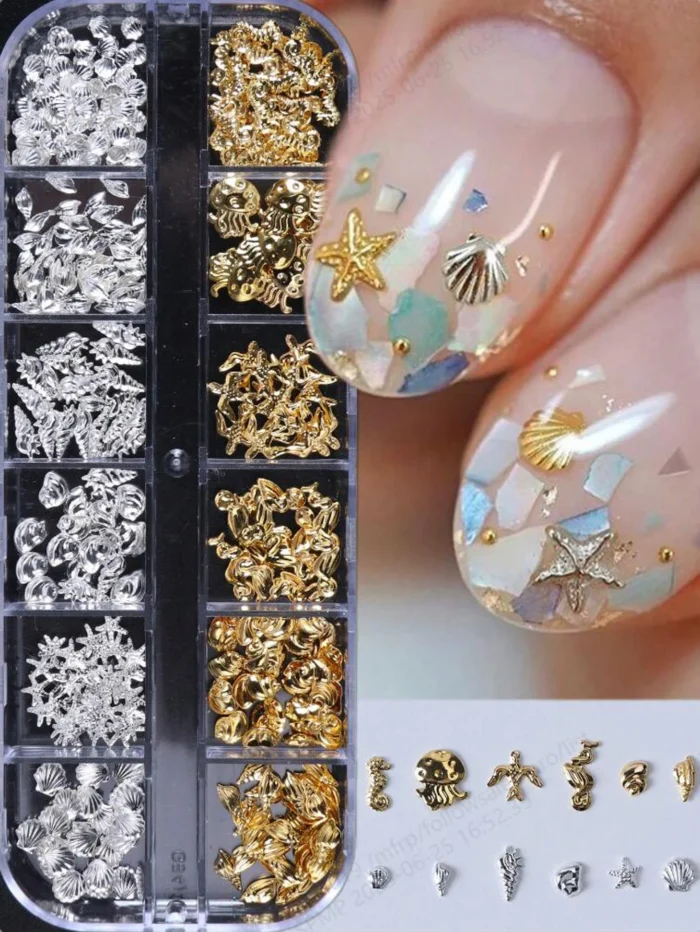 12 Grids/Box Summer Sea-Themed Nail Art Studs 3D Gold/Silver Ocean Shell,Starfish,Conch Nail Charms DIY Mixed Metal Nail Parts## - Image 2