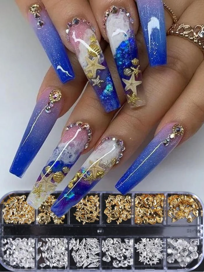 12 Grids/Box Summer Sea-Themed Nail Art Studs 3D Gold/Silver Ocean Shell,Starfish,Conch Nail Charms DIY Mixed Metal Nail Parts## - Image 1