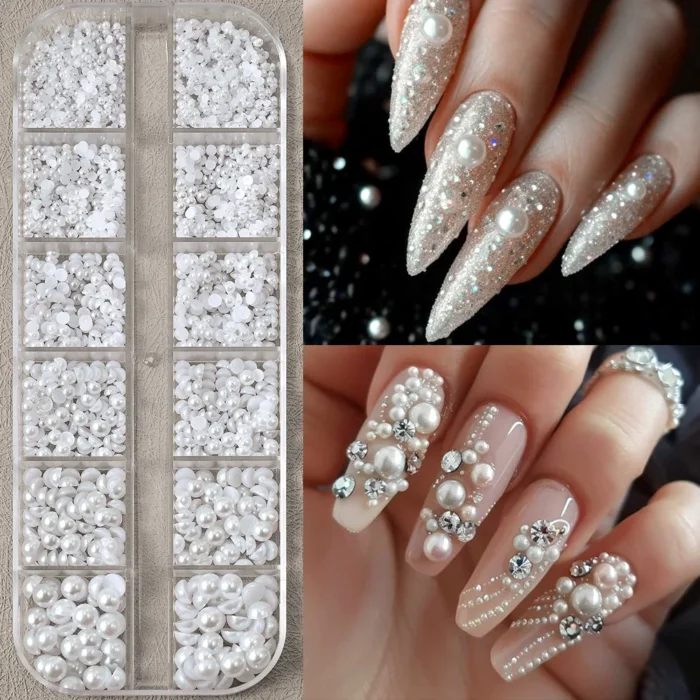 12 Grids Mixed White Pearl Nail Charms 3D Round/Semicircle Pearl Beads Nail Art Rhinestones Manicure Accessories DIY Parts Y7%6K - Image 6