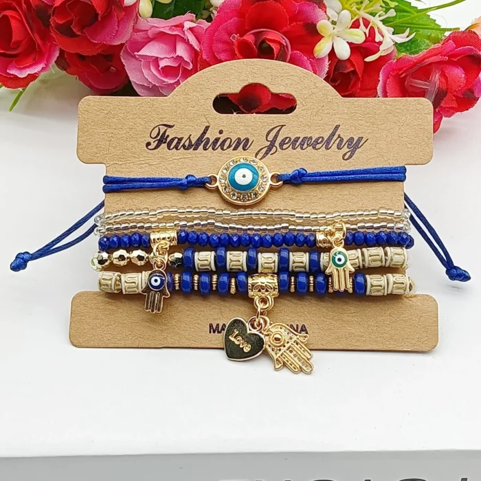 6Pcs Fatima Hand Evil Eye Bracelet Set For Women Heart Charm Beads Rope Chain Bangle Female Bohemian Handmade Jewelry - Image 4