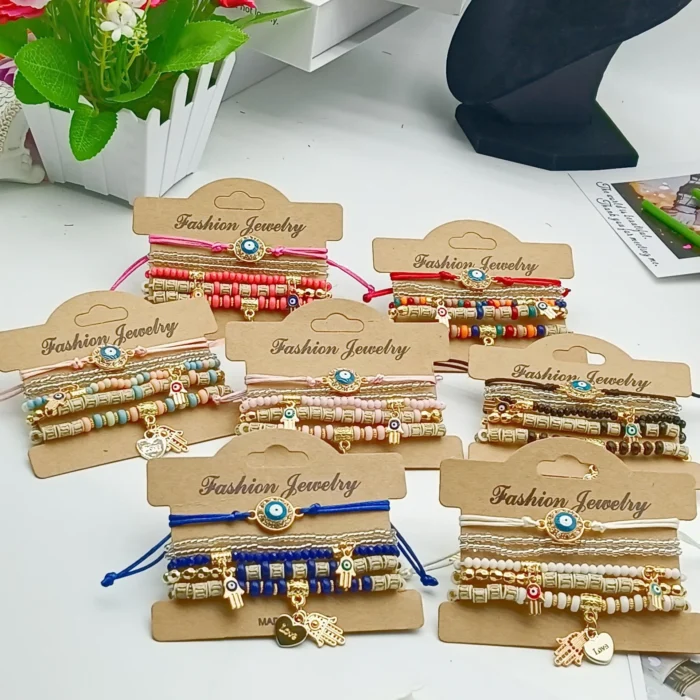 6Pcs Fatima Hand Evil Eye Bracelet Set For Women Heart Charm Beads Rope Chain Bangle Female Bohemian Handmade Jewelry - Image 6