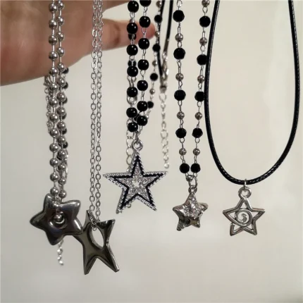 Simple Trendy Star Hollow Choker Necklace Pendant Neck Jewelry Grunge Charm Accessories Women Men's Fashion Party Chain Necklace