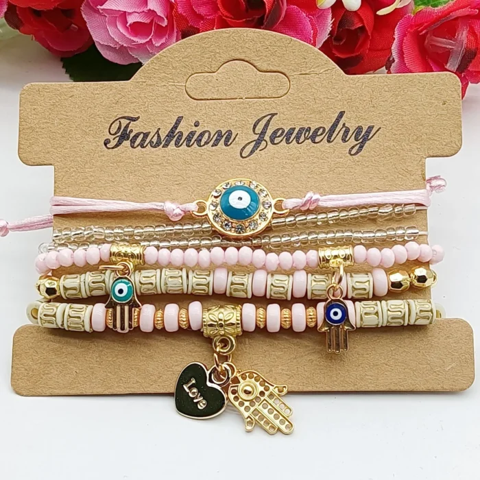 6Pcs Fatima Hand Evil Eye Bracelet Set For Women Heart Charm Beads Rope Chain Bangle Female Bohemian Handmade Jewelry - Image 3