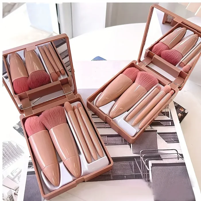 Mini Makeup Brush Set Travel Makeup Brush Set，5Pcs Portable Makeup Brush Set With Mirror - Foldable Travel Kit - Image 1