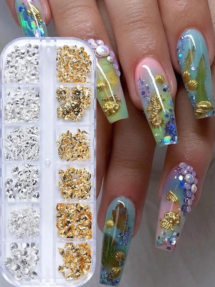 12 Grids/Box Summer Sea-Themed Nail Art Studs 3D Gold/Silver Ocean Shell,Starfish,Conch Nail Charms DIY Mixed Metal Nail Parts## - Image 3
