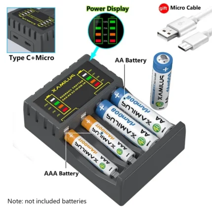 Cargador de batería de 4 ranuras, carga rápida inteligente con indicador para baterías recargables NiMH NiCd AAA/AA de 1,2 V, conector Micro USB C