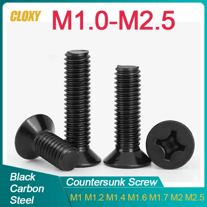 50/ 100pcs M1 M1.2 M1.4 M1.6 m1.7 M2 M2.5 Mini Small Black Steel Cross Phillips Flat Head Countersunk Head Screw - Image 1