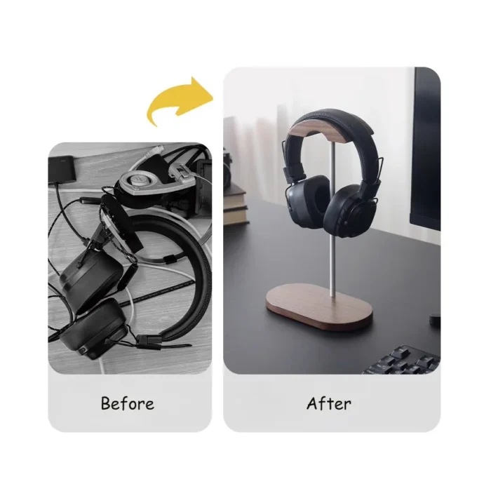 Black Walnut Wood & Aluminum Headphone Stand Nature Walnut Gaming Headset Holder with Solid Wood Base for Table Desk Display - Image 5