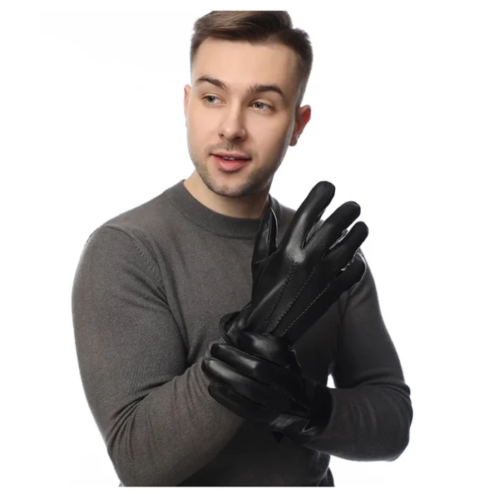 Winter Genuine Sheepskin Leather Gloves Men Warm Wool Lined Full Finger Touchscreen Outdoor Cycling Driving Motorcycle Glove - Image 3