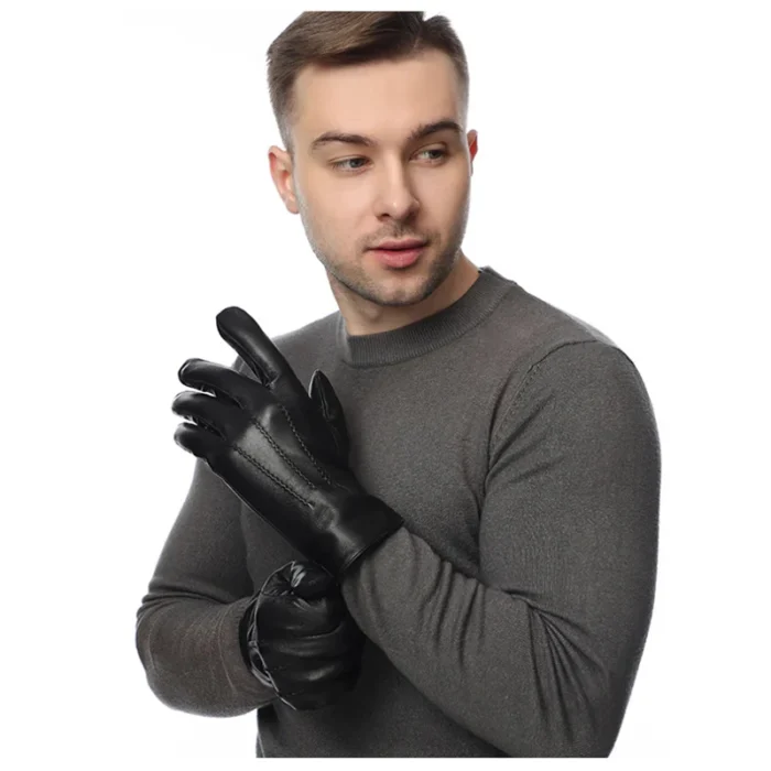 Winter Genuine Sheepskin Leather Gloves Men Warm Wool Lined Full Finger Touchscreen Outdoor Cycling Driving Motorcycle Glove - Image 4