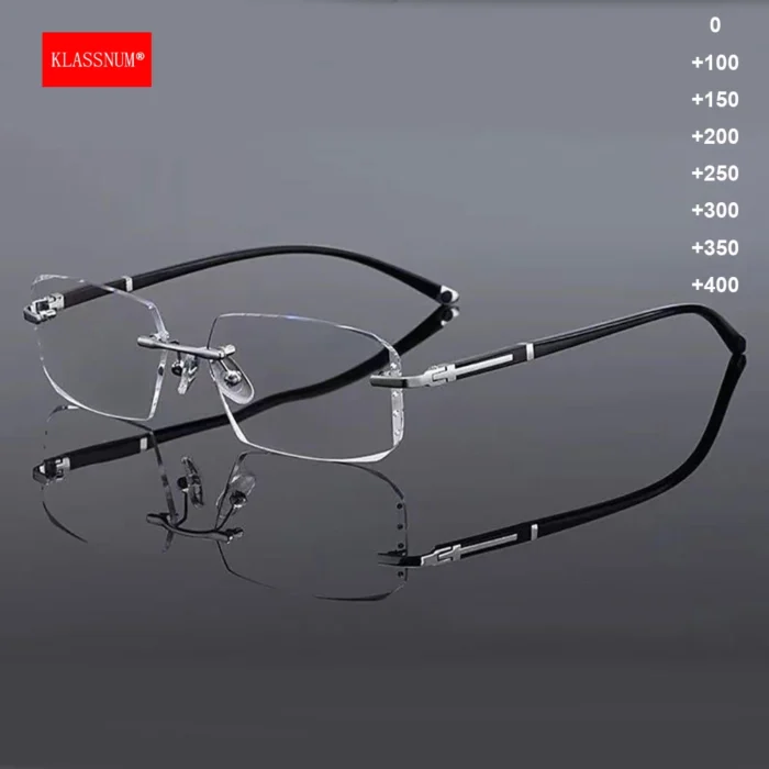 KLASSNUM Men Reading Glasses Rimless Cut Edge Presbyopic Glasses Anti Blue Light Anti Fatigue Plus Glasses Presbyopia Clear Lens - Image 1