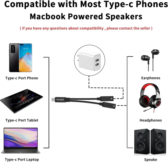 60W PD Fast Charger Cable 2 in 1 USB C Splitter Type USB C Headphones Jack Audio Adapter For Samsung S23 S22 S21 Ultra iPhone15 - Image 6