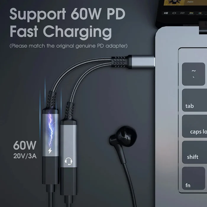 60W PD Fast Charger Cable 2 in 1 USB C Splitter Type USB C Headphones Jack Audio Adapter For Samsung S23 S22 S21 Ultra iPhone15 - Image 2