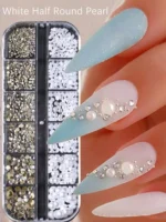 12grids/box Half Round White Pearls Bead 3D Nail Charms Mixed White Flatback Pearl SS4-SS16 Round Nail Jewelry DIY Nail Gems Kit - Image 3