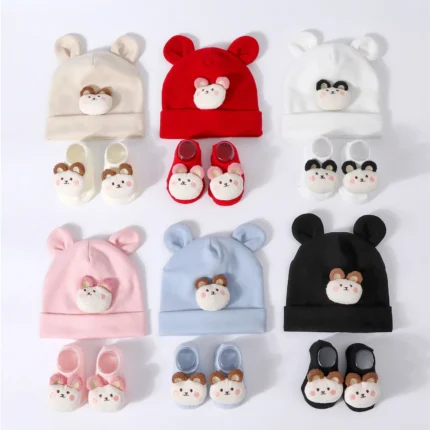 Cute Baby Hat+Socks Set Knit Cotton Newborn Beanies Cartoon Ear Infant Turban Girl Boy Hat Toddler Headwrap Children Accessories