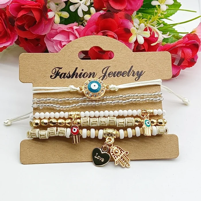 6Pcs Fatima Hand Evil Eye Bracelet Set For Women Heart Charm Beads Rope Chain Bangle Female Bohemian Handmade Jewelry - Image 5