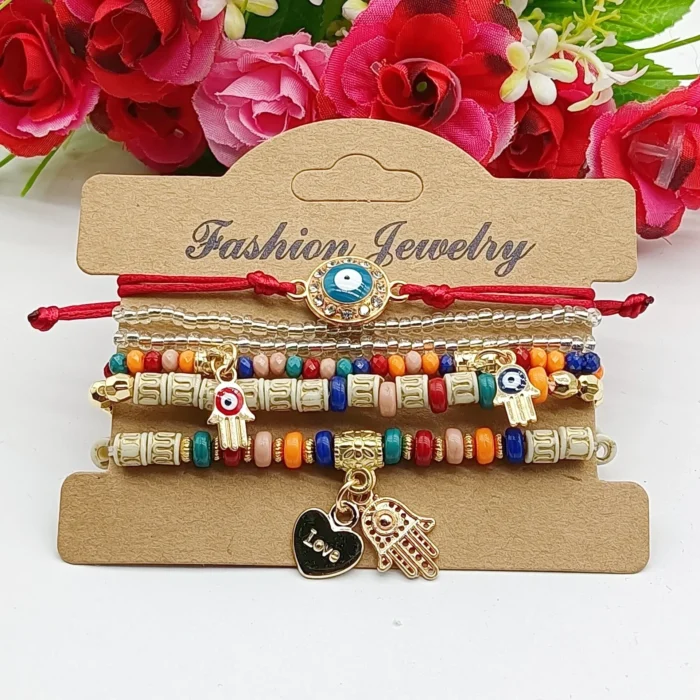 6Pcs Fatima Hand Evil Eye Bracelet Set For Women Heart Charm Beads Rope Chain Bangle Female Bohemian Handmade Jewelry - Image 2