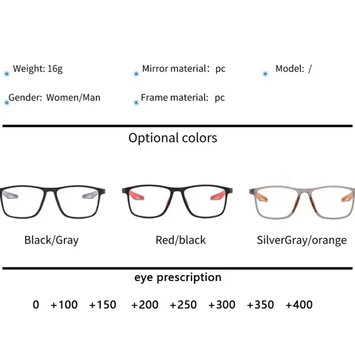 Unisex Ultralight Silicone TR90 Sports Blue Light Blocking High Definition Square Reading glasses Prescription Eyeglasses - Image 5