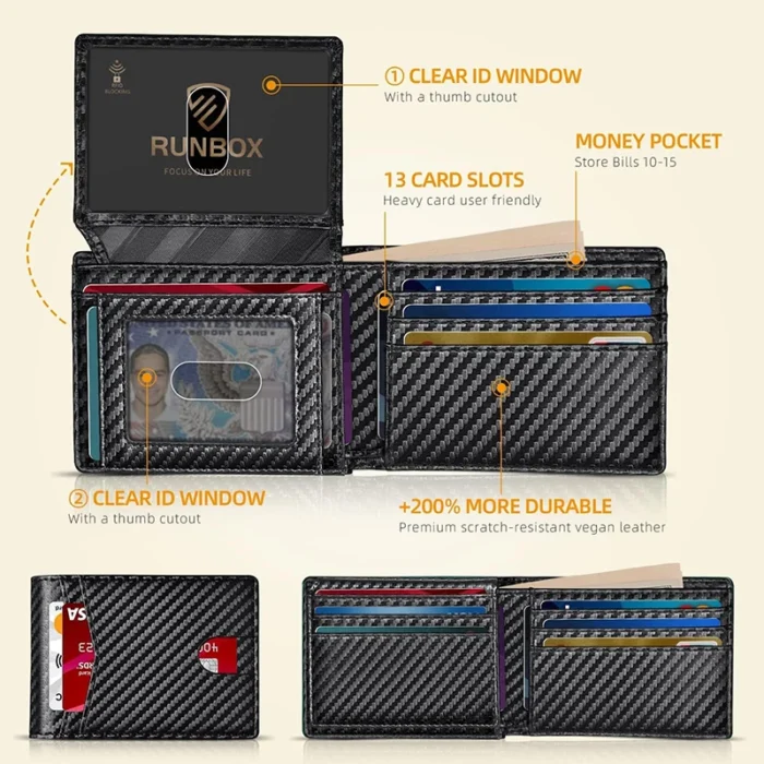 Men's Wallet Ultra Thin Rfid Leather with ID Window Multi Card Carbon Fiber Wallet - Image 2